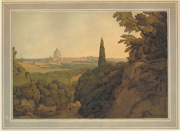 Francis Towne (1739-1816), St Peter's at sunset, from above the Arco Oscuro, 1781. Watercolour with pen and ink and gum arabic, 320 x 467 mm